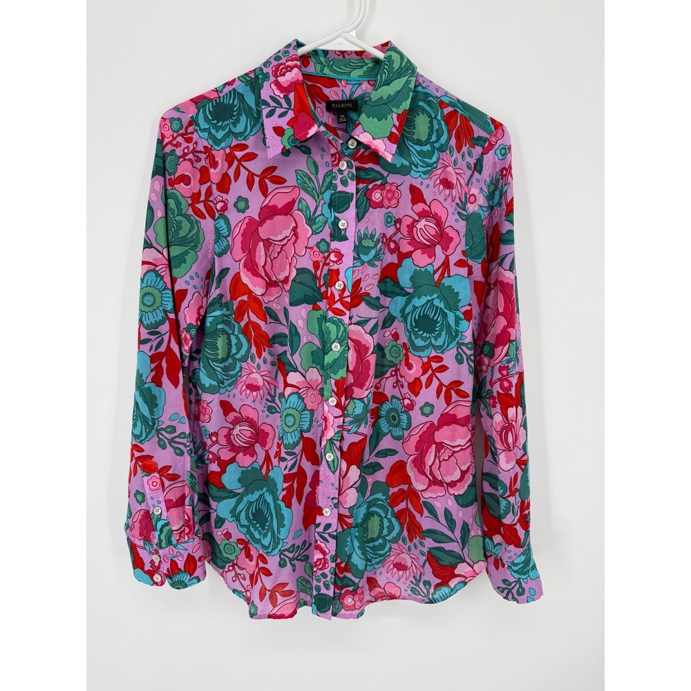 Talbots Button Up Shirt Womens XS Pink Floral Long Sleeve Cotton Blouse